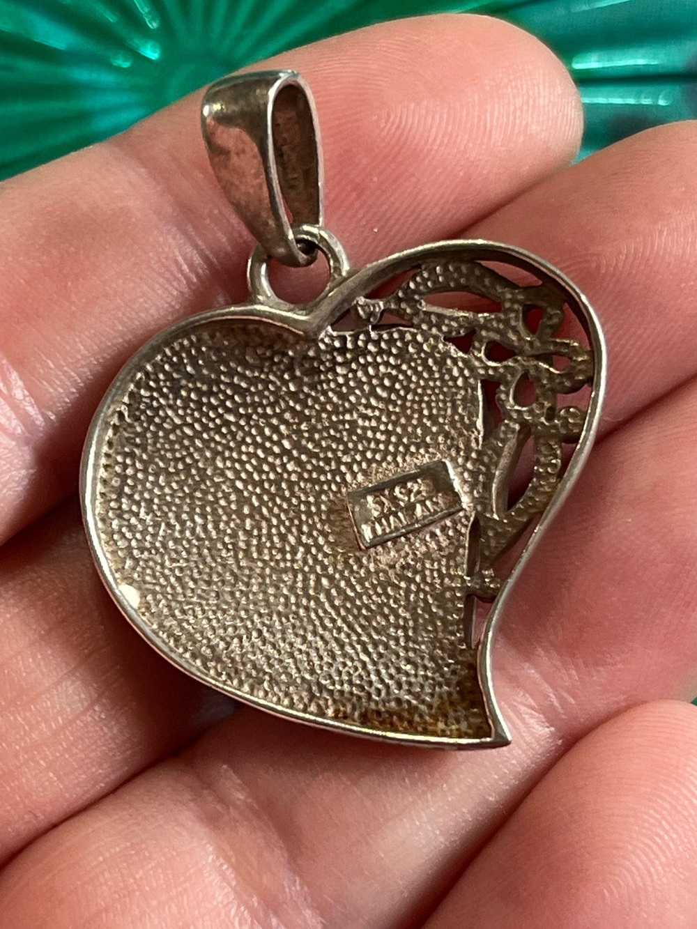 Vintage Sterling Silver 925 Filigree Abalone Mother of Pearl Inlay Heart Pendant - Picture 4 of 5